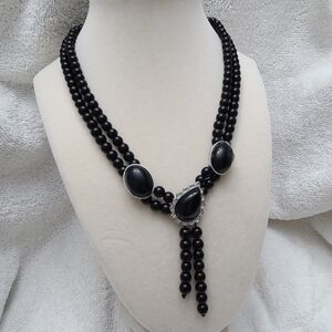 Black Obsidian Two Row Beaded Lariat Necklace in Silvertone